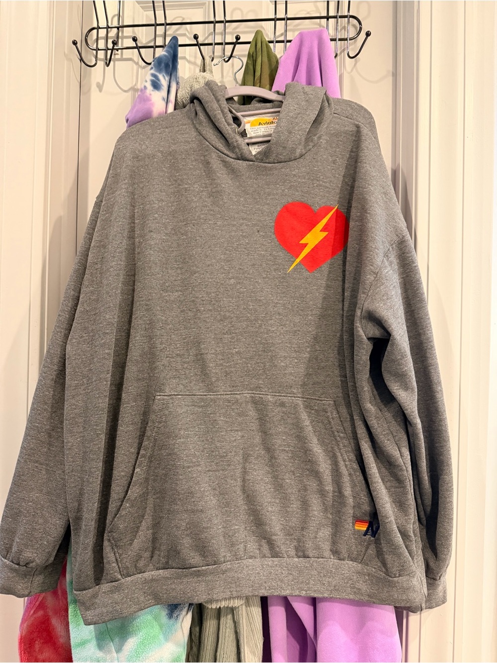 Unisex Gray Hoodie Sweatshirt with Red Heart & Yellow Lightning